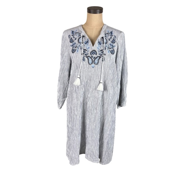 J. Jill Ocean Breeze blue and white striped embroidered long-sleeve dress SZ S - Picture 3 of 10